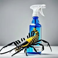 Scorpion in front of a spray bottle