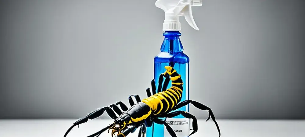 Scorpion in front of a spray bottle